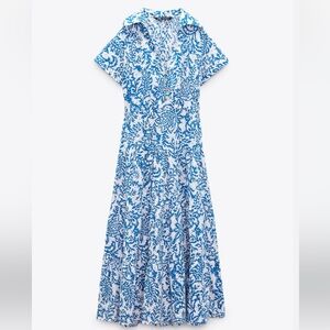 Zara Blue & Whte Collard Embroidered Dress